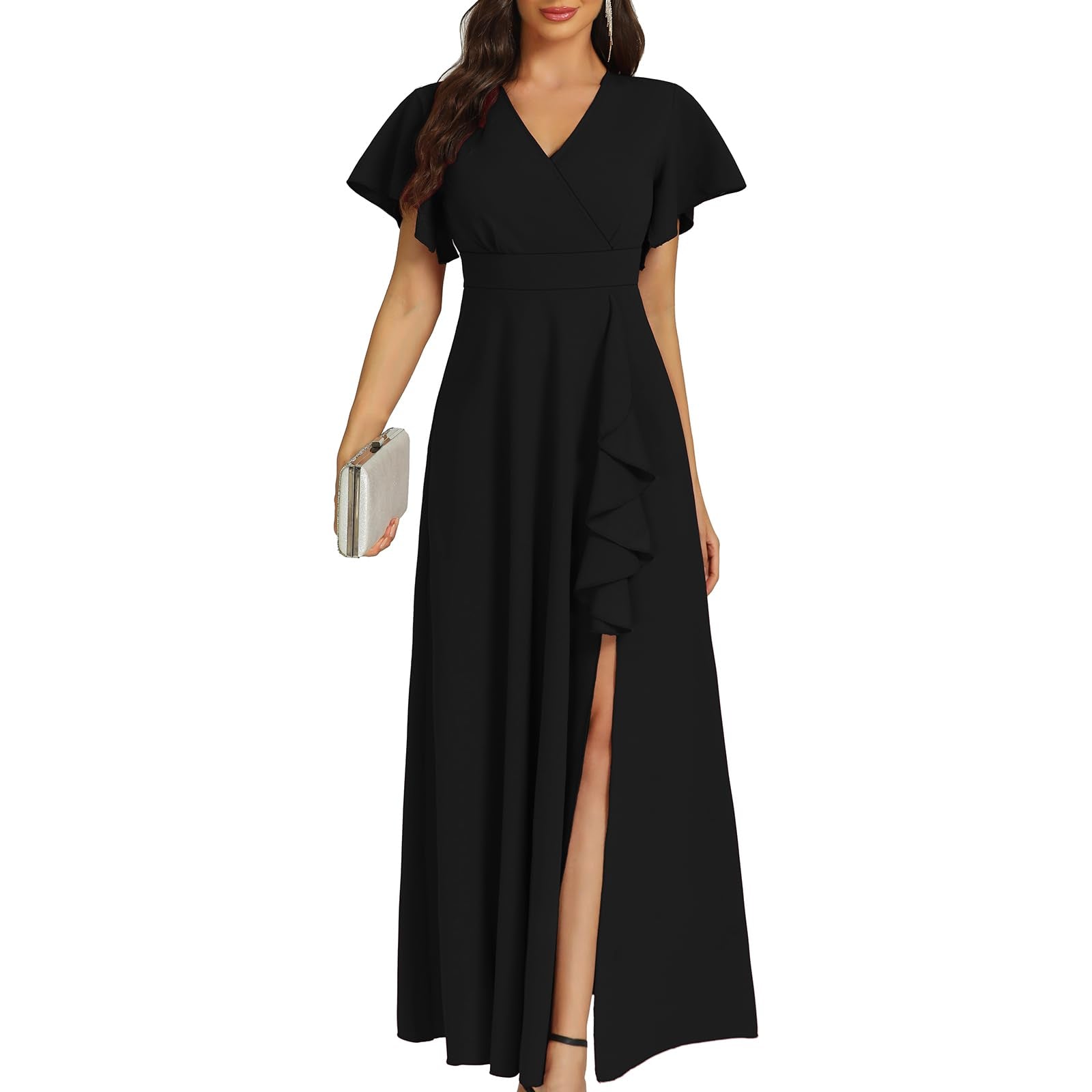 Vestidos de fiesta con volantes y escote en V de línea A, vestidos formales, vestidos de dama de honor, vestidos de noche, vestidos de graduación con abertura
